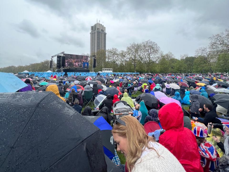 Most attendees watched the coronation from massive screens in the park.