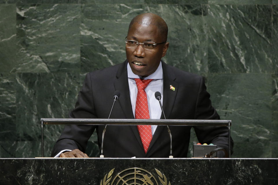 FIEL - In this Sept. 29, 2014, file photo, Domingos Simoes Pereira, then prime minister of Guinea-Bissau, speaks during the 69th session of the United Nations General Assembly at U.N. headquarters. Two former prime ministers of Guinea-Bissau are vying for the presidency in a runoff election Sunday, Dec. 29, 2019 after the incumbent failed to reach the second round in the tumultuous West African country once described by the United Nations as a narco-state. (AP Photo/Seth Wenig, File)