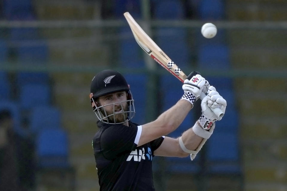 New Zealand's Kane Williamson plays a shot during the second one-day international cricket match between Pakistan and New Zealand, in Karachi, Pakistan, Wednesday, Jan. 11, 2023. (AP Photo/Fareed Khan)