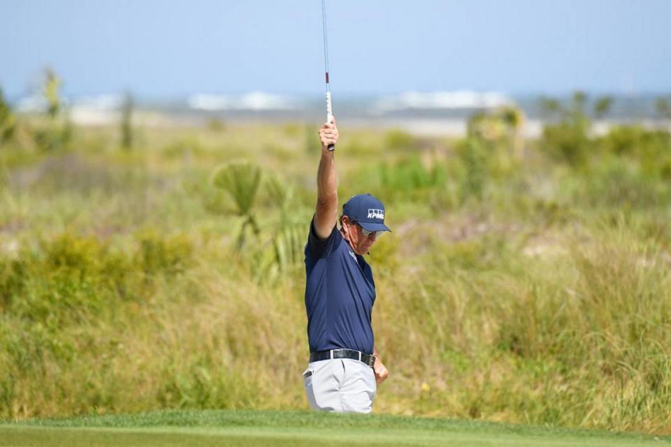 Phil Mickelson celebrates holing a bunker shot on the fifth hole during the final round of the 2021 PGA Championship at Kiawah Island Golf Resort’s Ocean Course in Kiawah Island, SC. May 23, 2021