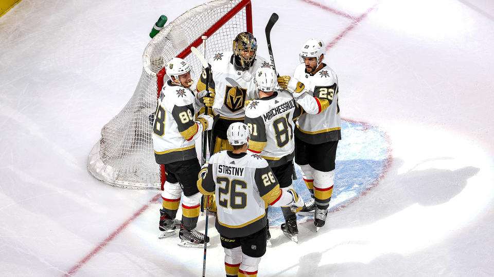 EDMONTON, ALBERTA - AUGUST 30:  The Vegas Golden Knights celebrate their 5-3 victory against the Vancouver Canucks in Game Four of the Western Conference Second Round during the 2020 NHL Stanley Cup Playoffs at Rogers Place on August 30, 2020 in Edmonton, Alberta, Canada. (Photo by Bruce Bennett/Getty Images)