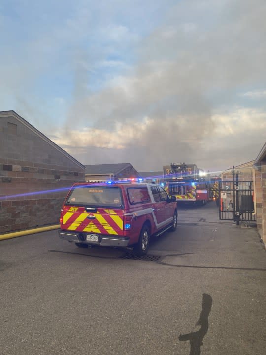 Multiple units at a commercial storage facility near Centennial were damaged in a two-alarm fire Sunday. (Arapahoe County Sheriff’s Office)