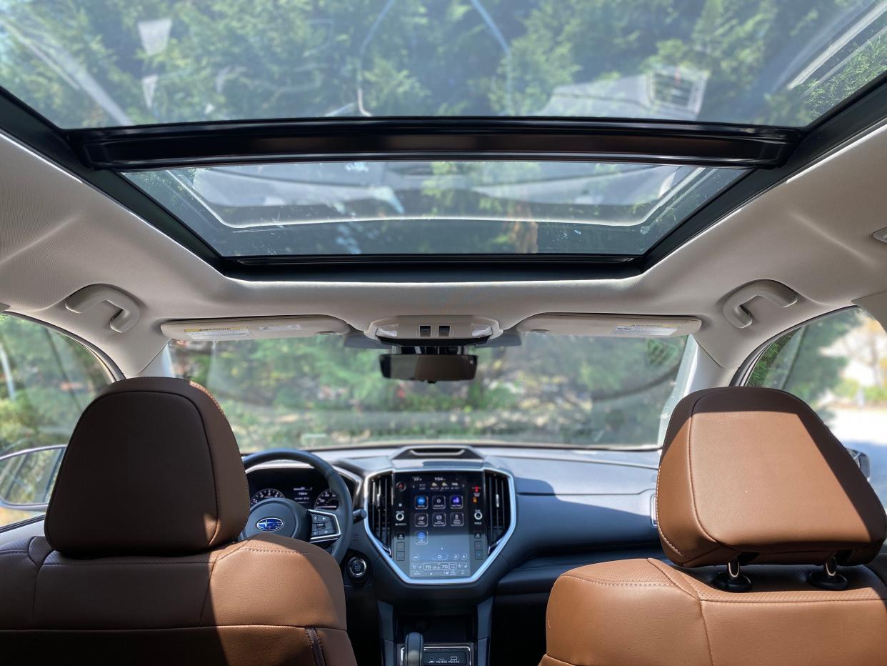 This Subaru Ascent has an optional panoramic power moonroof that bathes the cabin with sunlight.