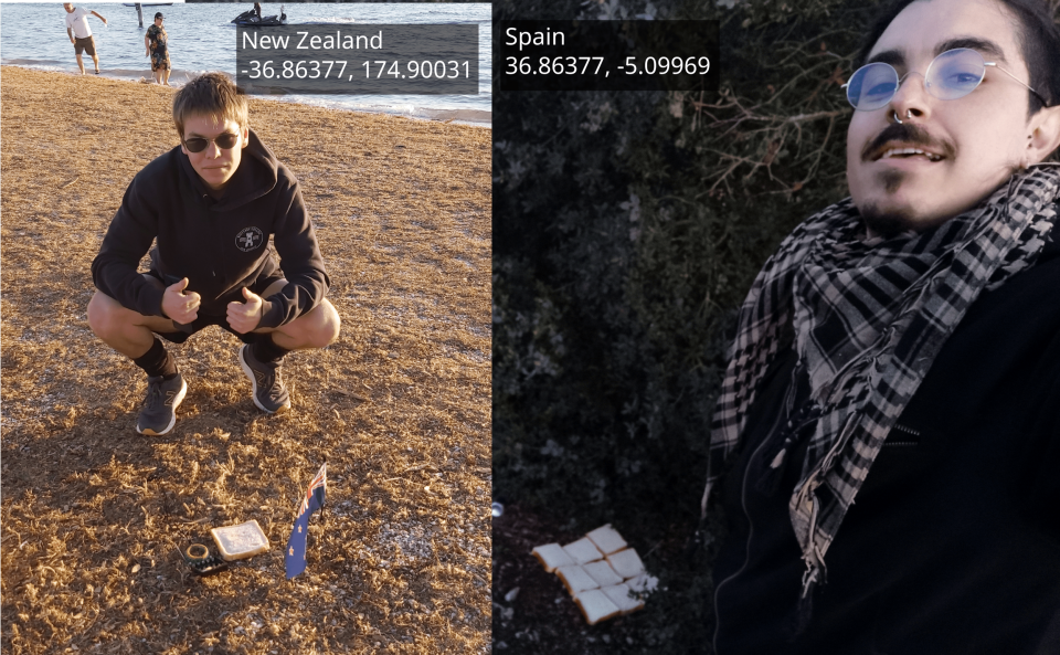 Etienne Naude, left, poses with his side of the Earth sandwich, while his Spanish counterpart poses on the other side of the world: Etienne Naude