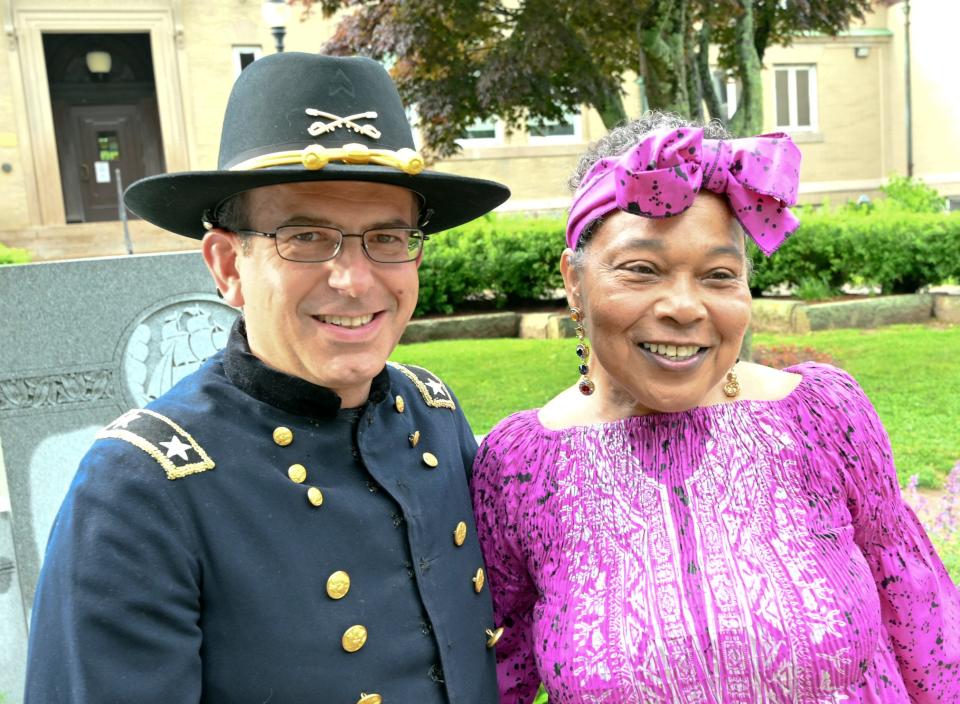 State Rep. David Vieira, dressed as Maj. Gen. Gordon Granger of the Union Army and Jeanne Morrison of Hyannis, a member of the Barnstable County Human Rights Commission, at a Juneteenth reenactment in Falmouth on June 17, 2022. Morrison and Viera will attend the commission's awards ceremony Dec. 14, 2022.