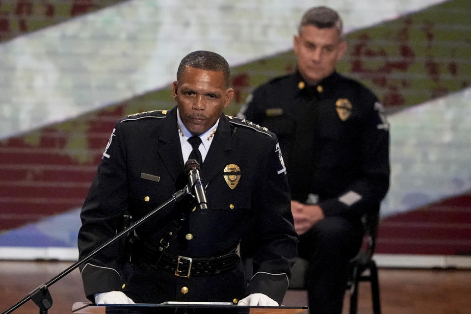 Charlotte Police Chief Johnny Jennings speaks during a memorial service for Officer Joshua Eyer, Friday, May 3, 2024, in Charlotte, N.C. Police in North Carolina say a shootout that killed Eyer and wounded and killed other officers began as officers approached a home to serve a felony warrant on Monday. (AP Photo/Chris Carlson)