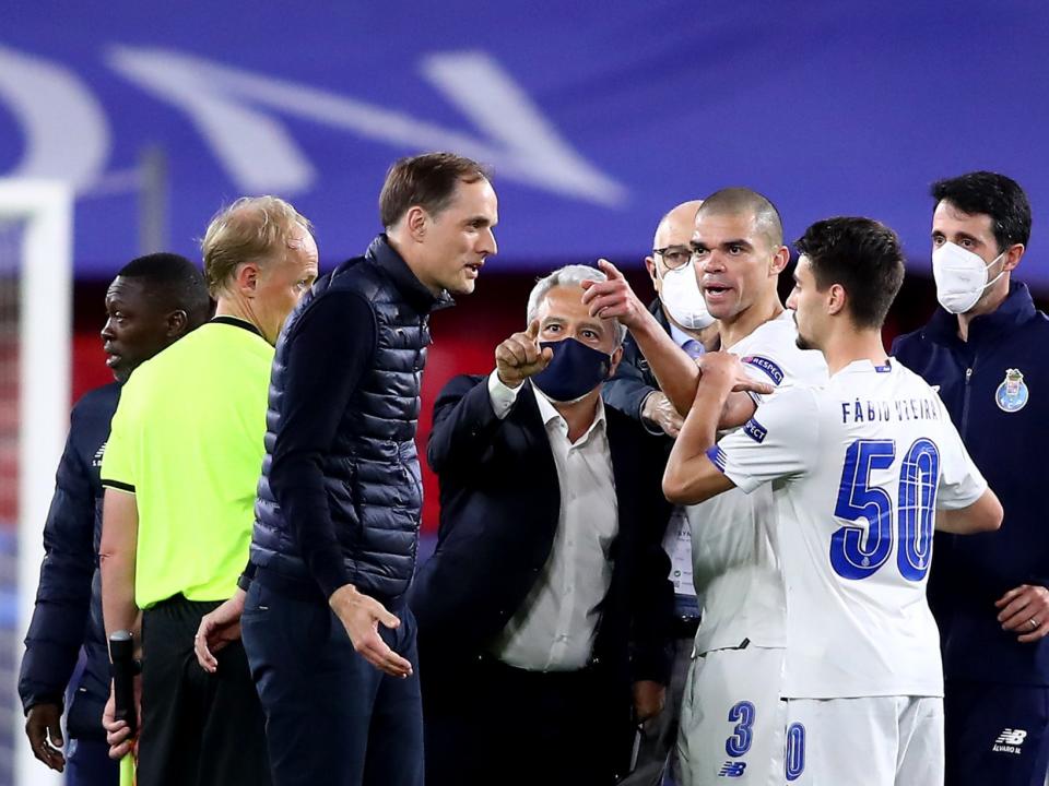 Thomas Tuchel (centre left) at full-time in Seville, where Chelsea defeated Porto over two legs (Getty Images)