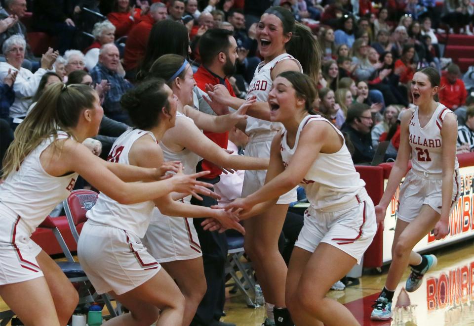 Lily Hillebrand (front), Paige Noe (rear) and the rest of the Ballard girls basketball team will bring a ton of state experience into its Class 4A quarterfinal match-up against No. 5 Decorah at the girls state basketball tournament next Tuesday at Wells Fargo Arena in Des Moines. The Bombers and Vikings will tip off at 1:30 p.m.