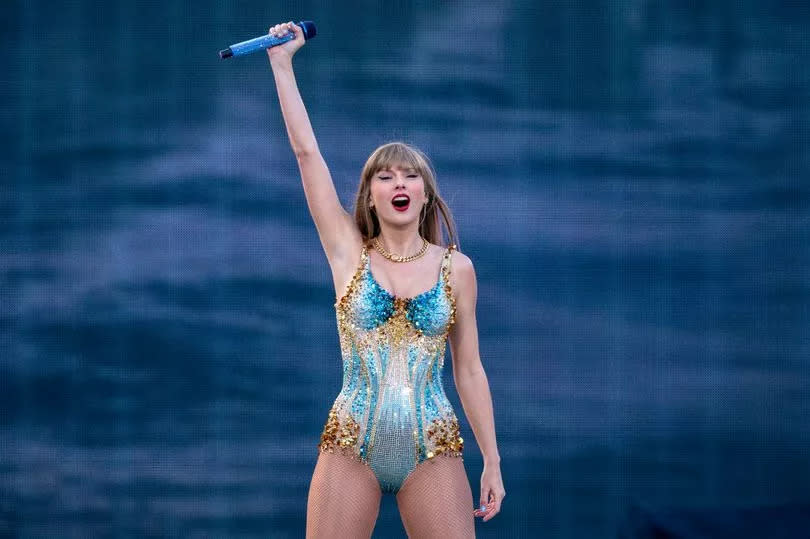 Taylor Swift performs on stage during her Eras Tour at the Murrayfield Stadium in Edinburgh.