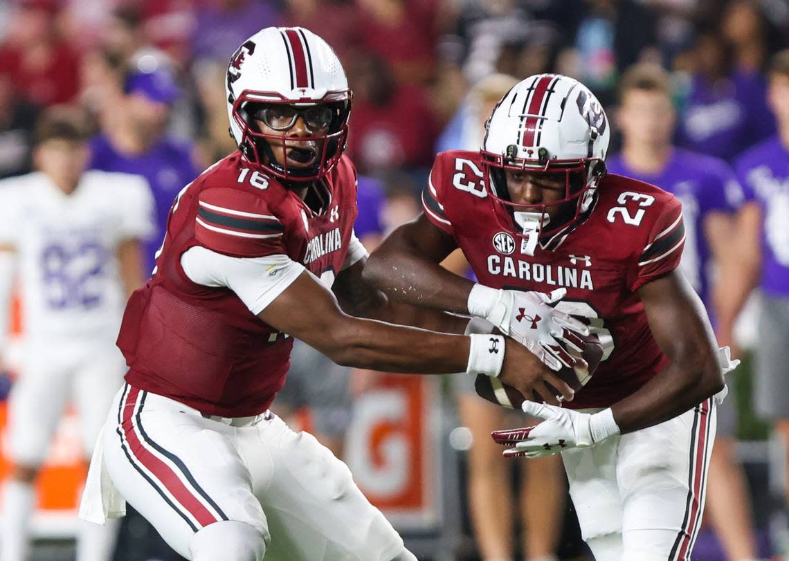 South Carolina quarterback LaNorris Sellers (16) hands off to running back Djay Braswell (23) during the second half of the Gamecocks’ game against Furman at Williams-Brice Stadium in Columbia on Saturday, September 9, 2023.