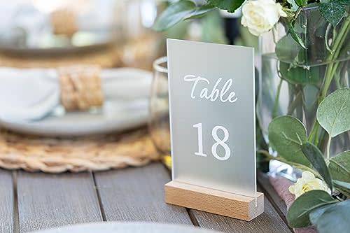Table Numbers for Wedding reception - Wedding Table Numbers 1-20 - Rustic Table Number holders w/ Wooden Base That Doubles as a Photo Stand - Frosted Acrylic Table Numbers for Wedding are also Perfect for any Event, Party or Reception!