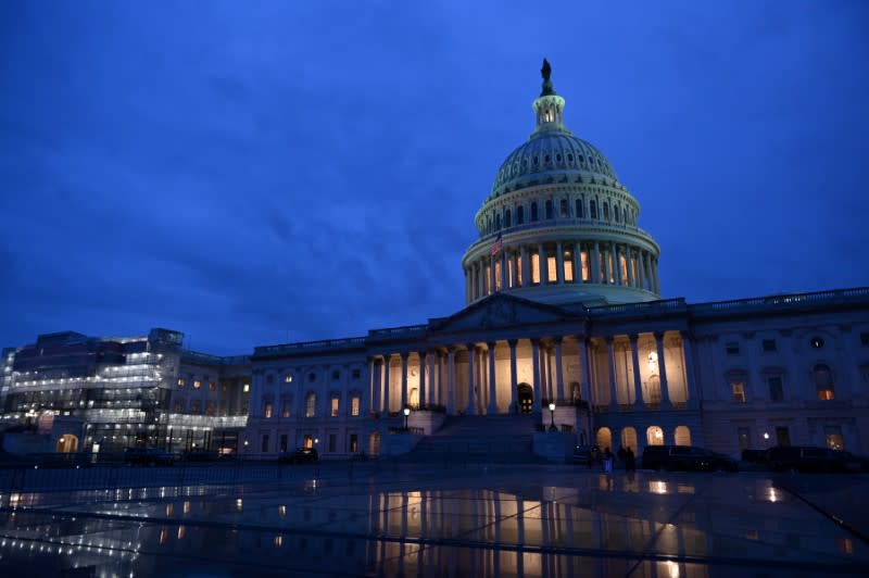 The U.S. Capitol is seen at night during Senate impeachment trial of U.S. President Trump in Washington