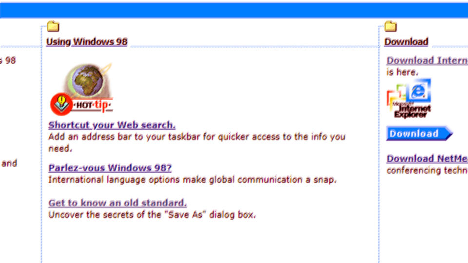 Screenshots from the Microsoft Windows 98 website accessed through the