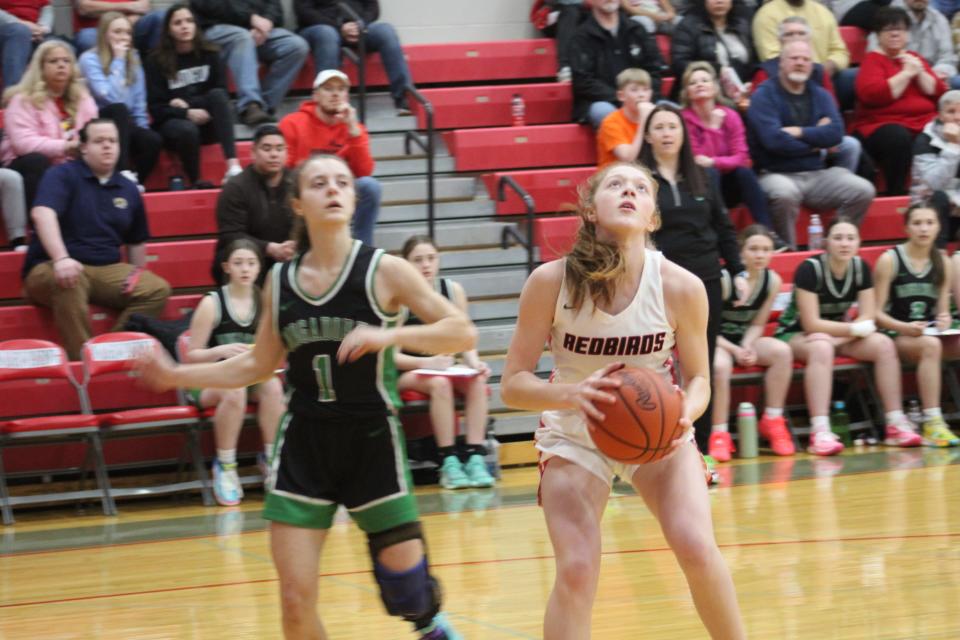 Loudonville's Mya Vermilya on the verge of scoring two against Mogadore in the district final.