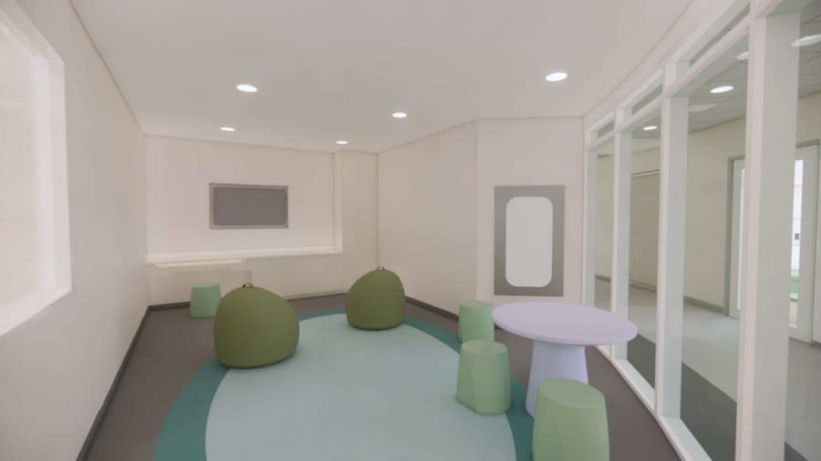 A rendering released by Corewell Health shows a noisy activity area in the pediatric medical psychiatric unit planned for Helen DeVos Children's Hospital in Grand Rapids.