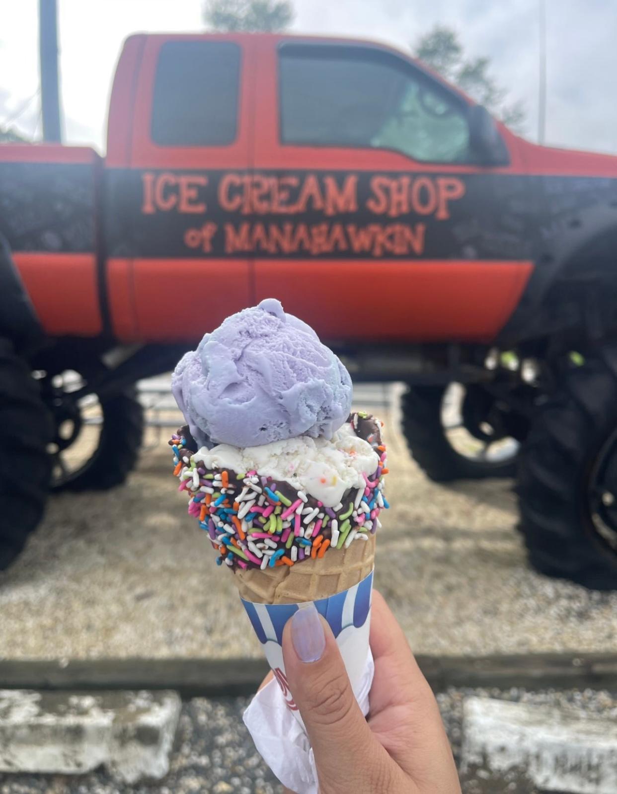 Lavender honey ice cream (top) and Dunkaroos ice cream (bottom) in a chocolate and rainbow sprinkle dipped waffle cone from the Ice Cream Shop of Manahawkin.