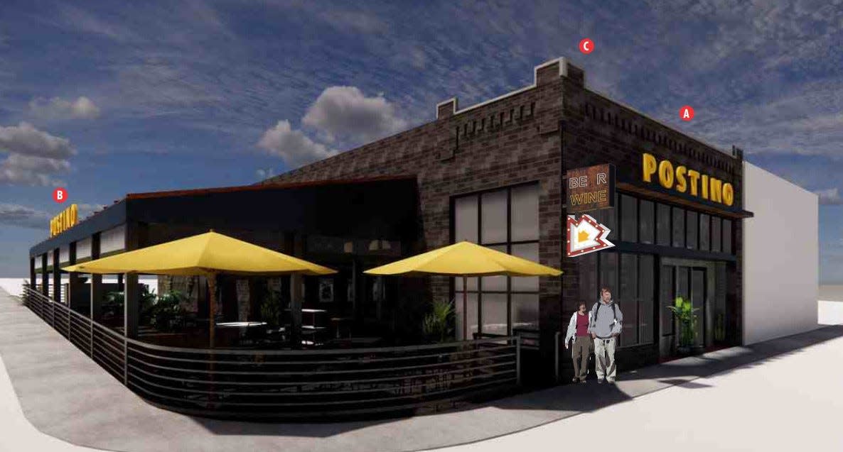 A conceptual rendering shows the outdoor seating area of Postino Wine Café, a wine bar set to open in Nashville's 12 South neighborhood.