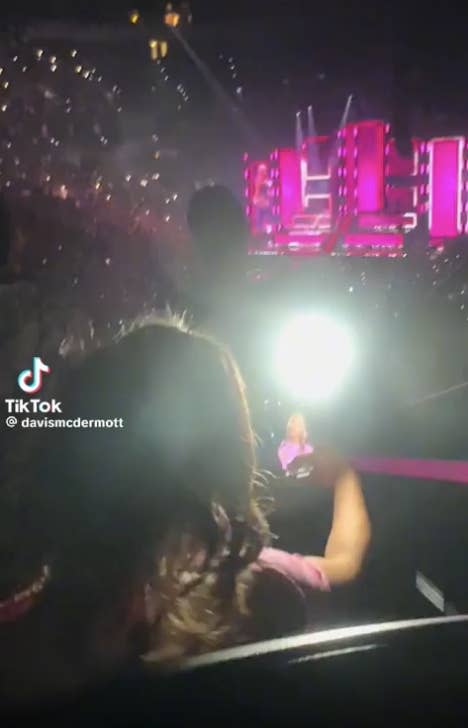 Concert stage with pink lights, a performer singing, and a large audience. A person in the foreground is recording the event. TikTok username @davismcdermott