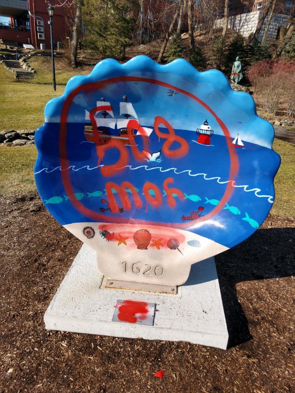 A Scallop Roll statue Plymouth, Massachusetts, was one of at least four of site vandalized overnight Sunday.