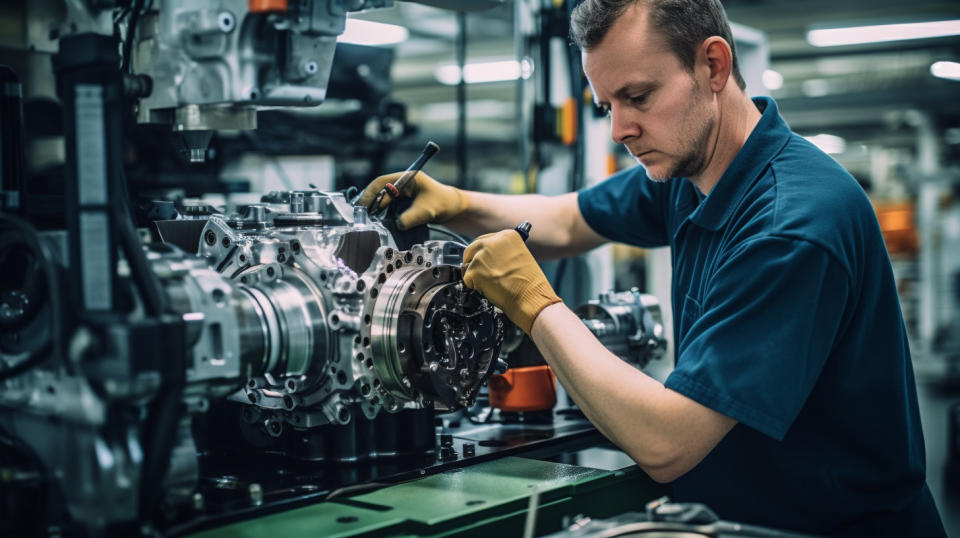 A technician inside a production line operating sophisticated machinery and components produced by the company.