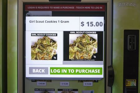 A view of the screen of a ZaZZZ vending machine that contains cannabis flower, hemp-oil energy drinks, and other merchandise at Seattle Caregivers, a medical marijuana dispensary, in Seattle, Washington February 3, 2015. REUTERS/David Ryder