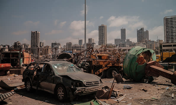 A view of damaged site is seen as search and rescue with rubble removal operations continue after a fire at a warehouse with explosives at the Port of Beirut led to massive blasts in Beirut, Lebanon.