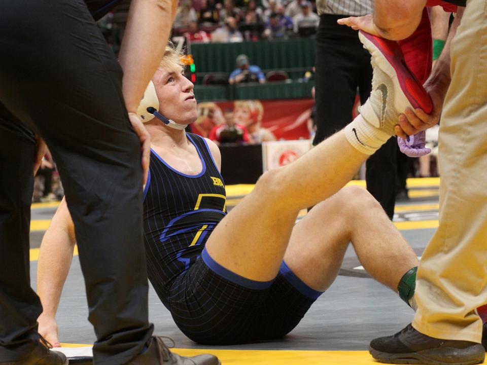 Philo's Drew Lincicome wrestles in a Division II 190-pound quarterfinal match during the OHSAA state championships at Ohio State on Saturday, March 11, 2023.