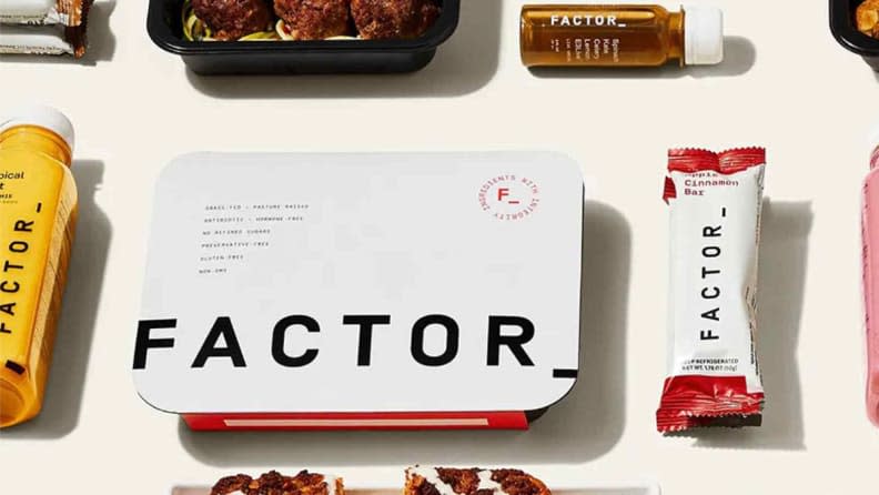 A collage of food and snacks from Factor on a white surface.