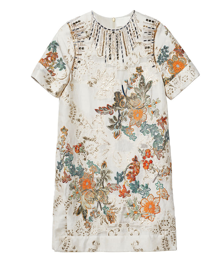 Dress made from Tencel and organic silk with hand embroidery and recycled-glass embellishment.