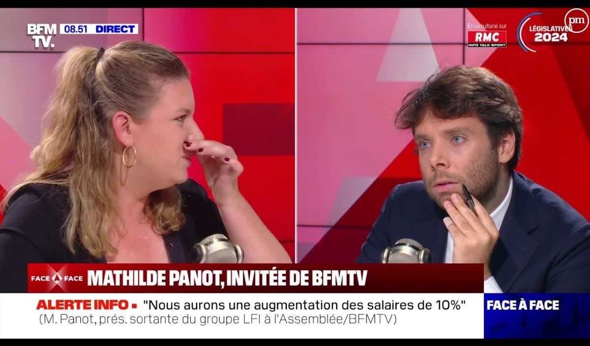 Mathilde Panot face à Benjamin Duhamel ce 21 juin 2024 sur BFMTV et RMC. - 