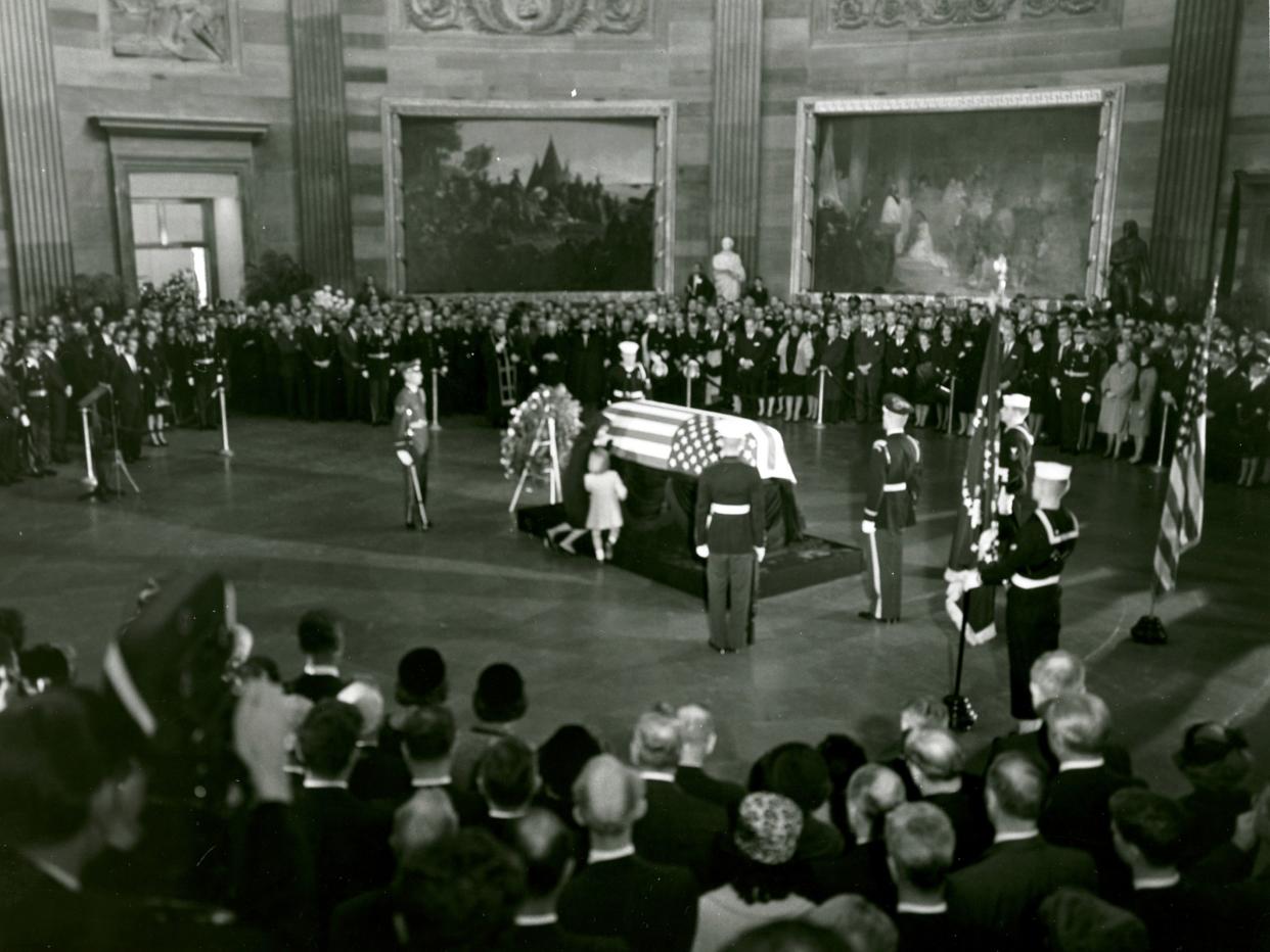 The remains of President Kennedy lying in state in the United States Capitol Rotunda on November 24, 1963
