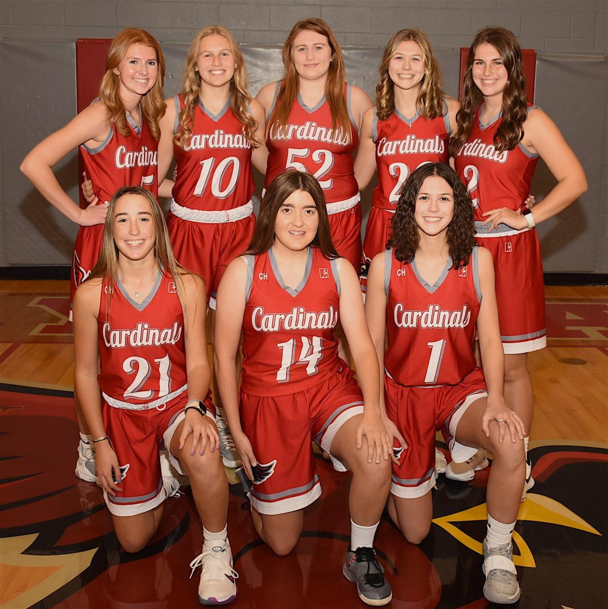 Returning letter winners for the 2021-22 Sandy Valley varsity girls basketball team are (front row, left to right) Breeli Faiello, Alexis Dotson and Zoe Ward; and (back row) Lexi Tucci, Jordan Parker, Abbey Parker, Amber Ward and Alli Neary.