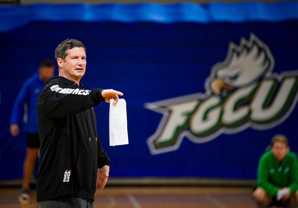 Florida Gulf Coast Eagles head coach Karl Smesko directs the team during practice at Alico Arena in Fort Myers on Monday, Sept. 25, 2023.