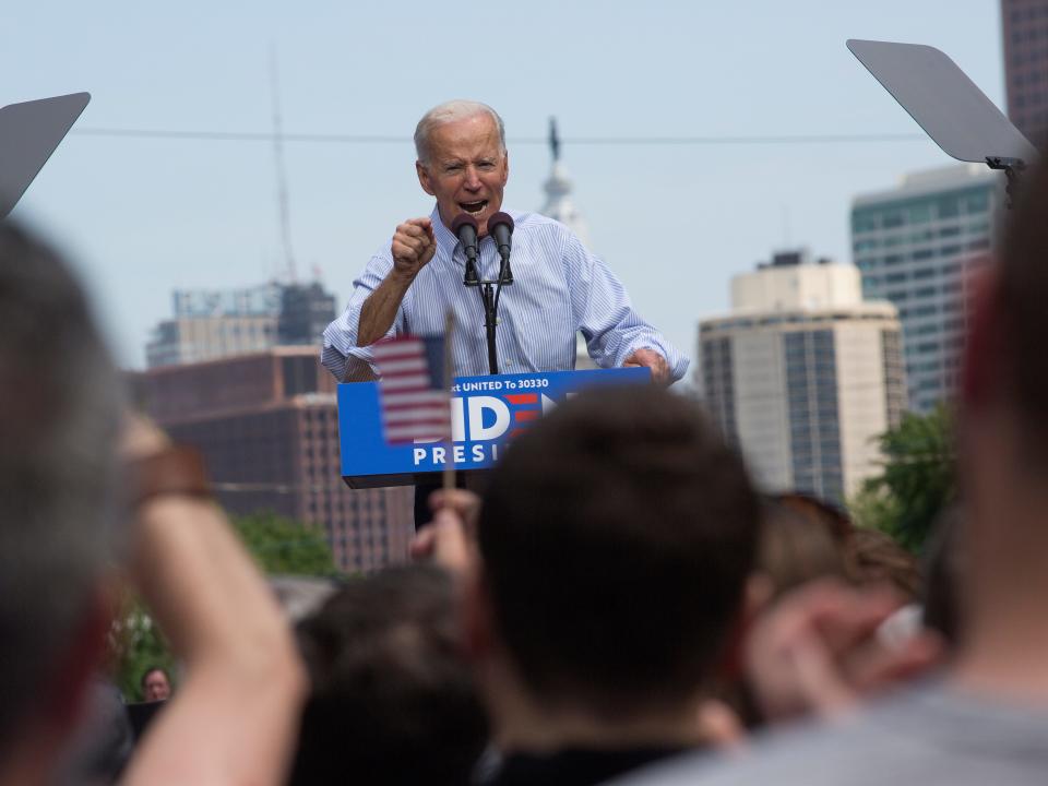 PHILADELPHIA, PA - MAY 18: Former Vice President Joe Biden campaigns for president at a kickoff rally on March 18, 2019 in downtown Philadelphia, Pennsylvania. (Photo by Andrew Lichtenstein/Corbis via Getty Images)
