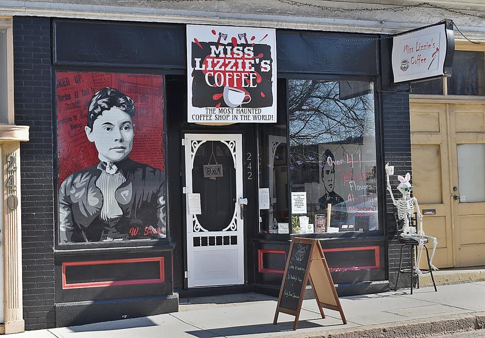 A vinyl mural of Lizzie Borden now graces the front window of Miss Lizzie's Coffee at 242 Second St. in Fall River on Thursday, March 14, 2024.