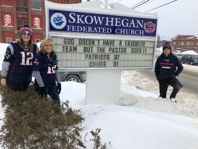 The sign in front of Skowhegan Federated Church in Maine correctly predicted the score of the AFC championship game. (Doug Harlow/Morning Sentinel)