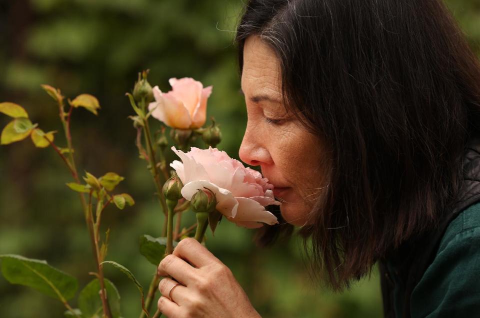 Ferguson smells a rose in her hillside garden.