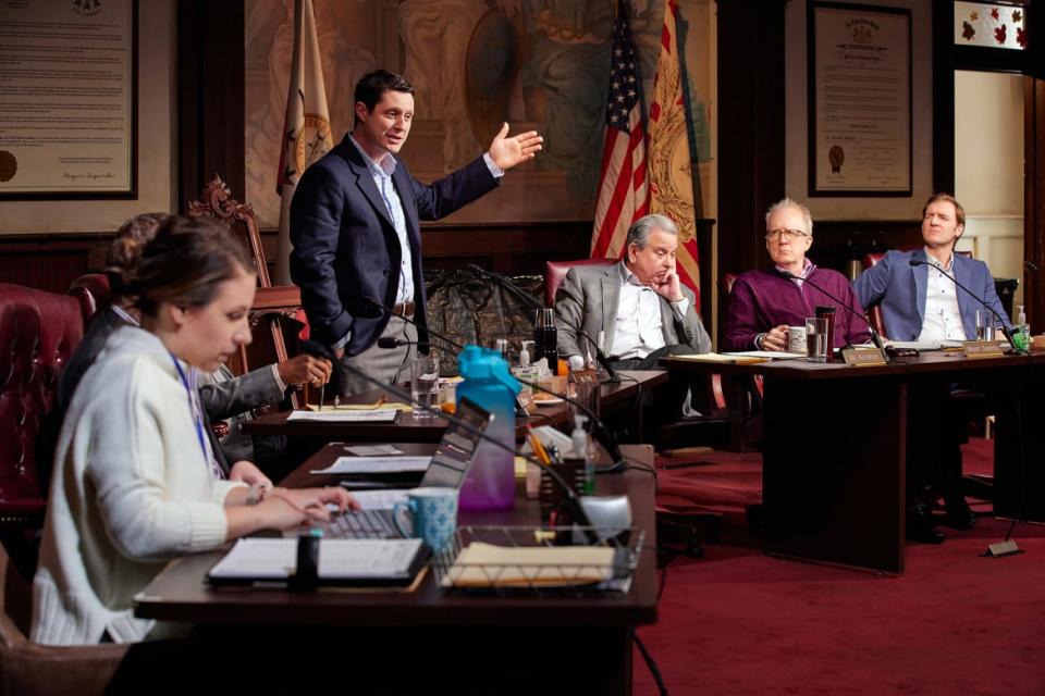 <div class="inline-image__caption"><p>(L-R) Jessie Mueller as Ms. Johnson, Noah Reid as Mr. Peel, Jeff Still as Mr. Assalone, Tracy Letts as Mayor Superba, and Cliff Chamberlain as Mr. Breeding.</p></div> <div class="inline-image__credit">Jeremy Daniel</div>