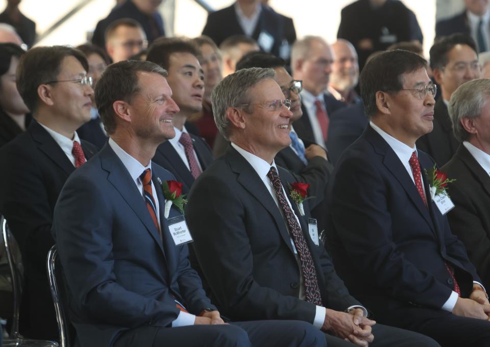 Tennessee Department of Economic and Community Development Commissioner Stuart McWhorter, Gov. Bill Lee and LG Chem CEO Hak Cheol Shin attend the groundbreaking ceremony of LG Chem, cathode manufacturing company, on Dec. 19 in Clarksville, Tenn.