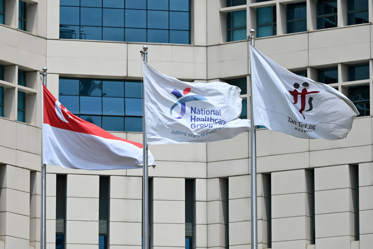 The exterior of Tan Tock Seng Hospital is pictured in Singapore on April 30, 2021, as authorities sought to contain the spread of the Covid-19 coronavirus after a cluster of cases were detected at the facility. (Photo by ROSLAN RAHMAN / AFP) (Photo by ROSLAN RAHMAN/AFP via Getty Images)