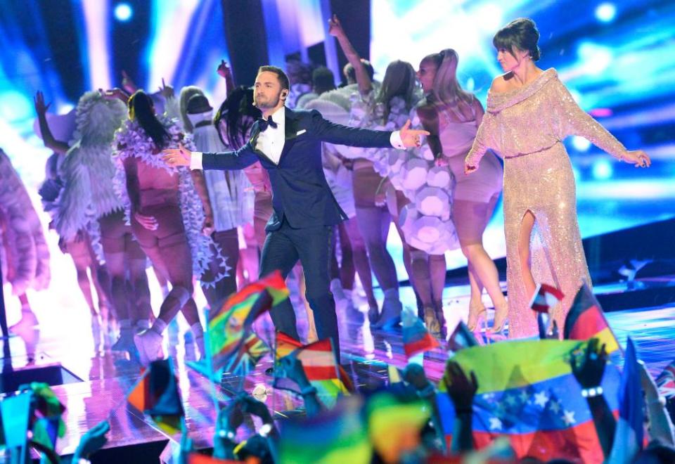 Eurovision hosts Petra Mede and Mans Zelmerlow during the final of the Eurovision Song Contest 2016 in Stockholm.