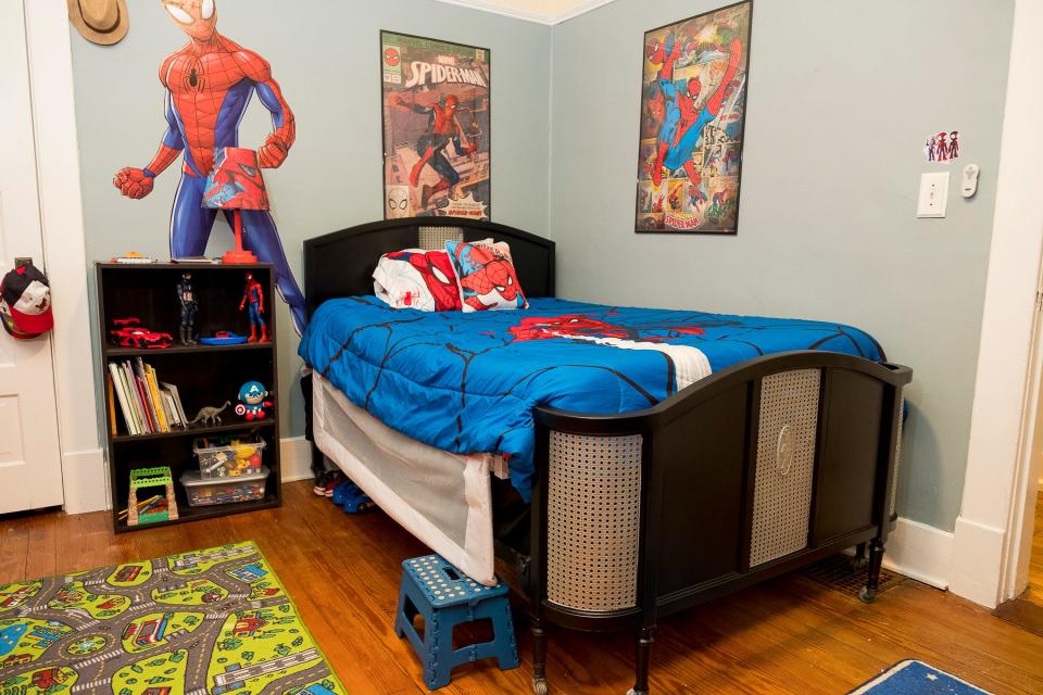 The theme of Landon's bedroom shows off his favorite action hero, Spider Man.