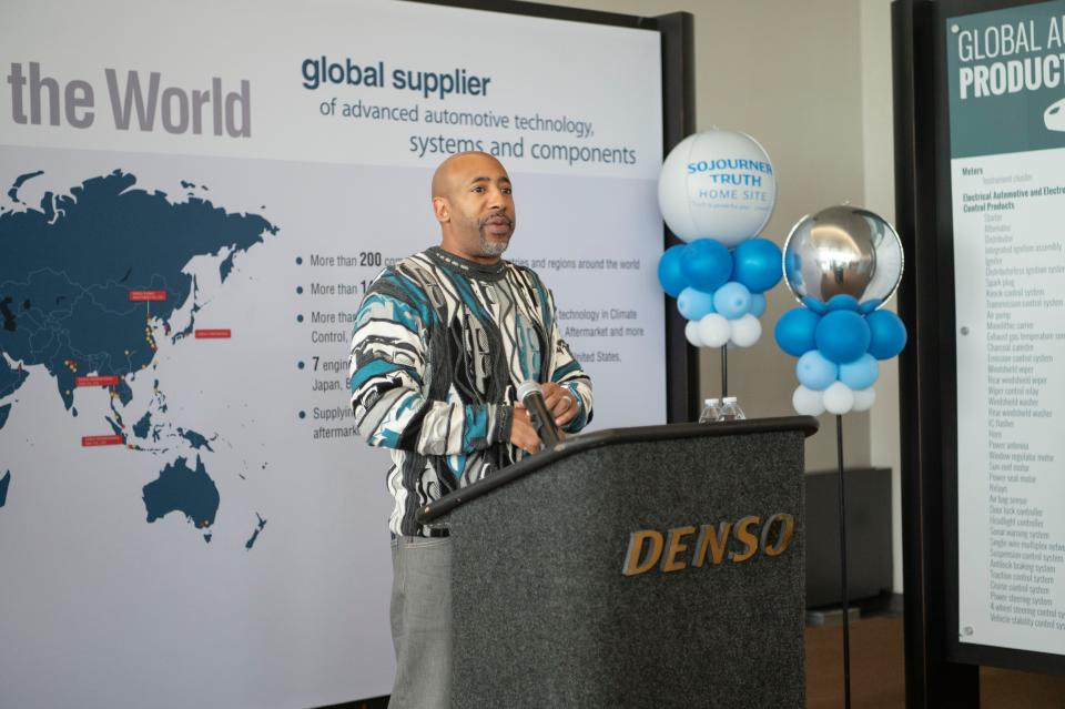 Denso manager Derrick Boyd speaks about the Sojourner Truth home site at Denso Manufacturing in Battle Creek on Tuesday, Feb. 28, 2023.