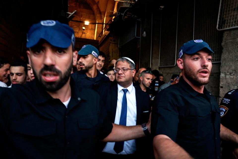 Israel’s national security minister Itamar Ben-Gvir at the annual Jerusalem Day march at Damascus Gate on 5 June (Reuters)