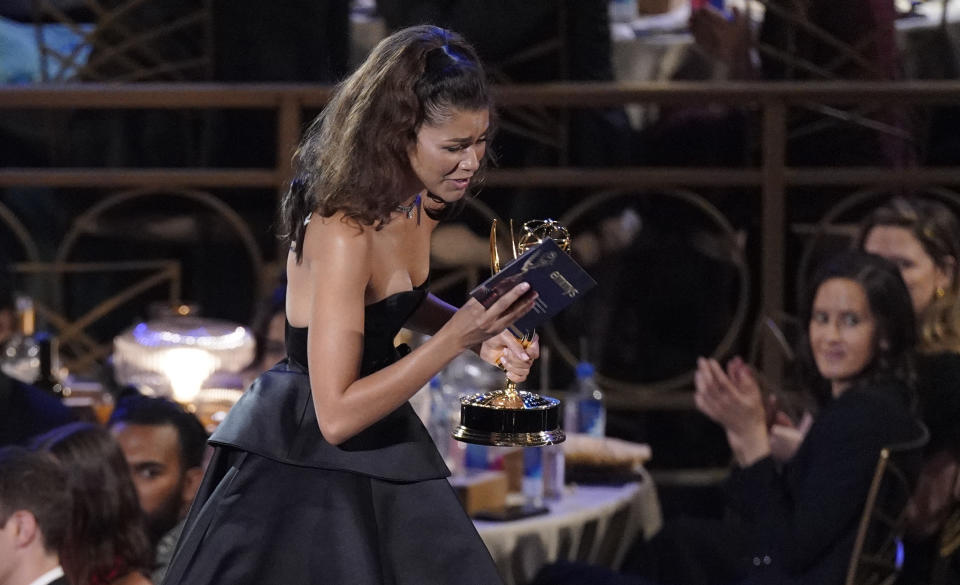 Zendaya accepts the Emmy for outstanding lead actress in a drama series for "Euphoria" at the 74th Primetime Emmy Awards on Monday, Sept. 12, 2022, at the Microsoft Theater in Los Angeles. (AP Photo/Mark Terrill)