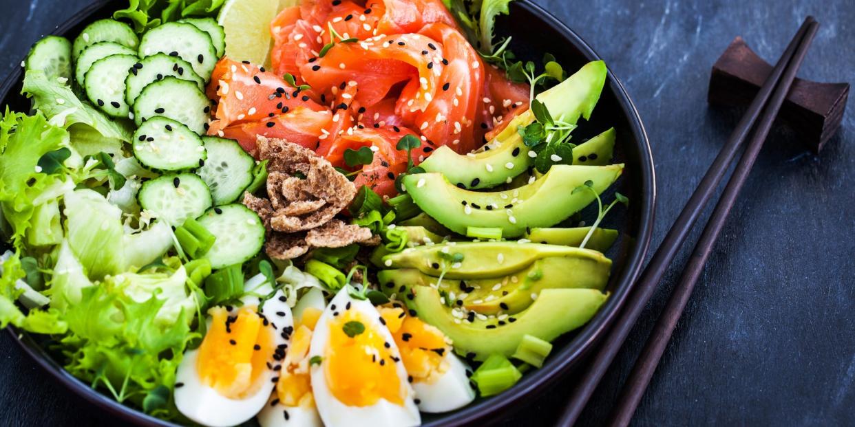 salmon eggs poke bowl salad healthy lunch