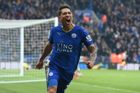 Football Soccer - Leicester City v Norwich City - Barclays Premier League - King Power Stadium - 27/2/16 Leonardo Ulloa celebrates after scoring the first goal for Leicester City Action Images via Reuters / Alan Walter Livepic EDITORIAL USE ONLY. No use with unauthorized audio, video, data, fixture lists, club/league logos or "live" services. Online in-match use limited to 45 images, no video emulation. No use in betting, games or single club/league/player publications. Please contact your account representative for further details.