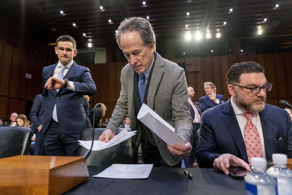 From left, SeatGeek, Inc. Chief Executive Officer Jack Groetzinger, Jam Productions LLC Chief Executive Officer and President Jerry Mickelson, and The James Madison Institute Senior Vice President Sal Nuzzo, appear to testify before a Senate Judiciary Committee hearing to examine promoting competition and protecting consumers in live entertainment on Capitol Hill in Washington, Tuesday, Jan. 24, 2023. (AP Photo/Andrew Harnik)