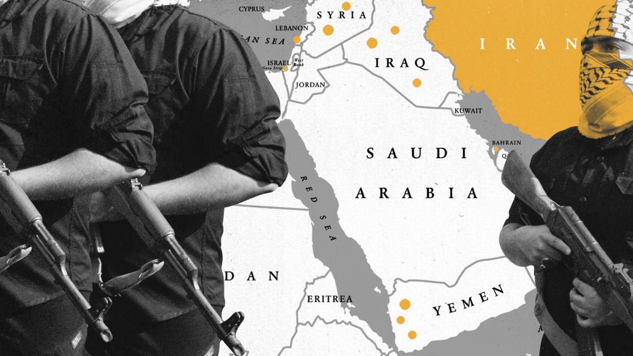  Photo composite of a Middle East map showing areas of Iran-backed militants. 