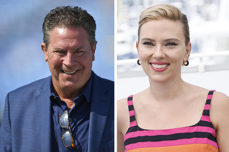 This combo photo shows NFL legend Dan Marino, left, and actress Scarlett Johansson, right. Johansson and Marino will star in the Super Bowl commercial that will focus on M&Ms candy being the comfort fun food while watching the big game. (AP Photo, File)